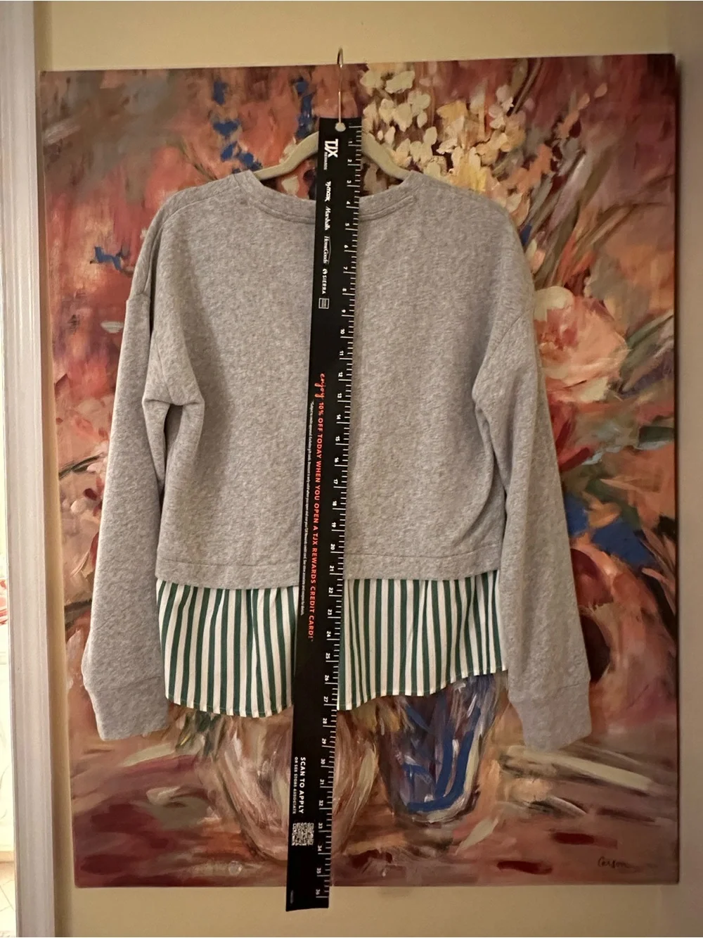 LOFT Gray Knit Pullover with Green Stripe Hem